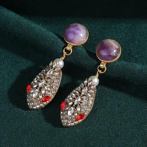 Золотые винтажные серьги-капельки STALAIT с фиолетовым камнем и головой змеи