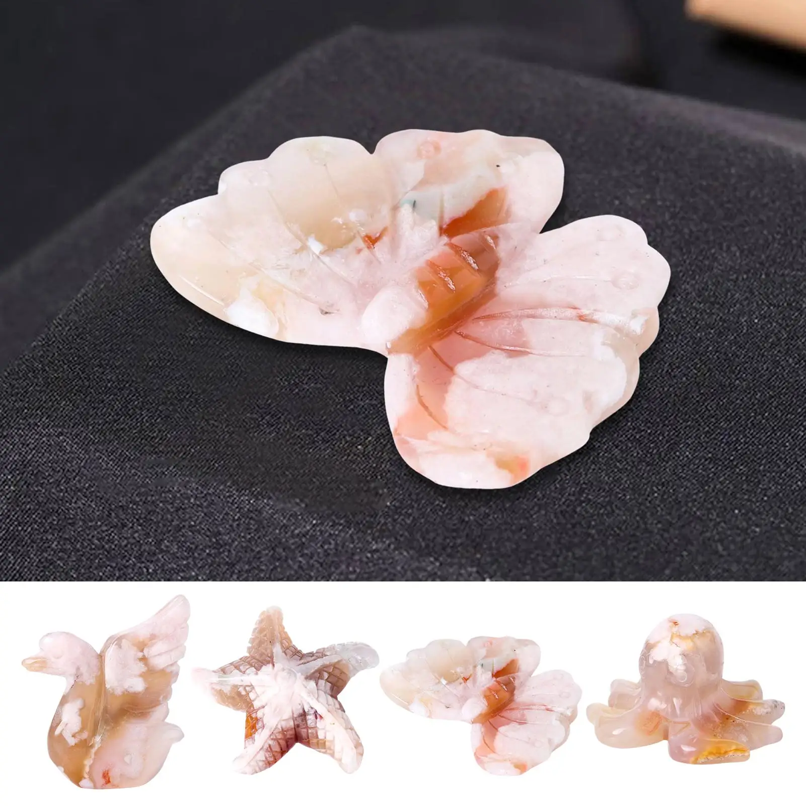 

Natural Blossom Agate Carved Figurine Room Decor Healing Crystals Reiki Gem Crafts Animals Ornament Octopus Starfish Butterfly