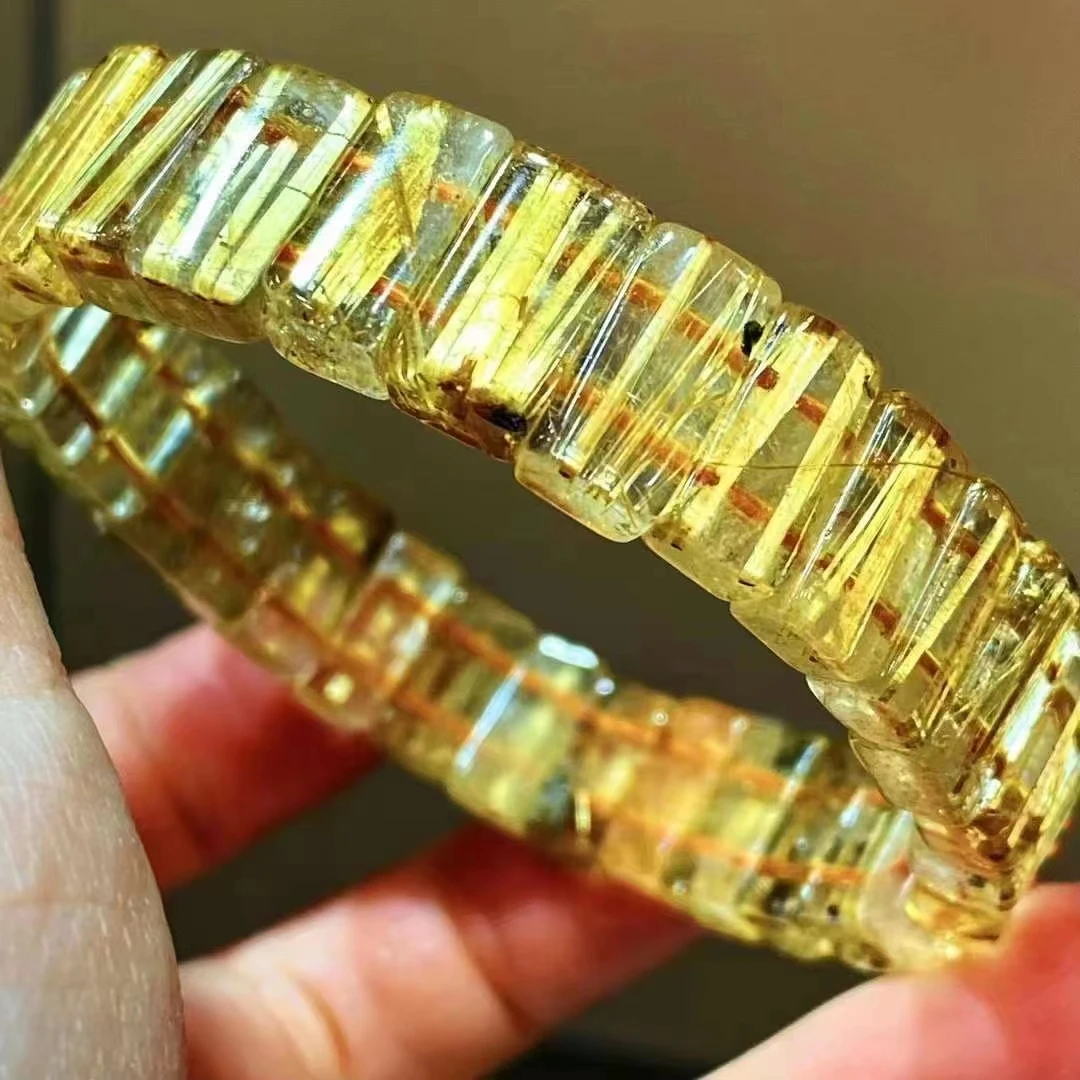 

Natural Gold Rutilated Quartz Woman Bangle Bracelet Brazil 13x6.7x5.2mm Clear Rectangle Beads Wealthy AAAAAA