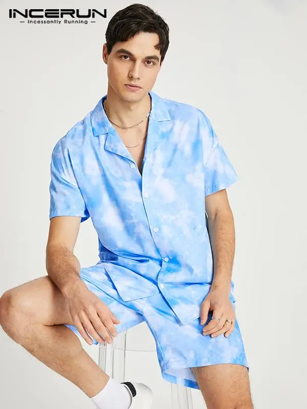 

INCERUN Men Sets Tie Dye Summer Lapel Short Sleeve Shirt & Shorts Two Pieces Streetwear 2022 Vacation Men Casual Suits S-5XL