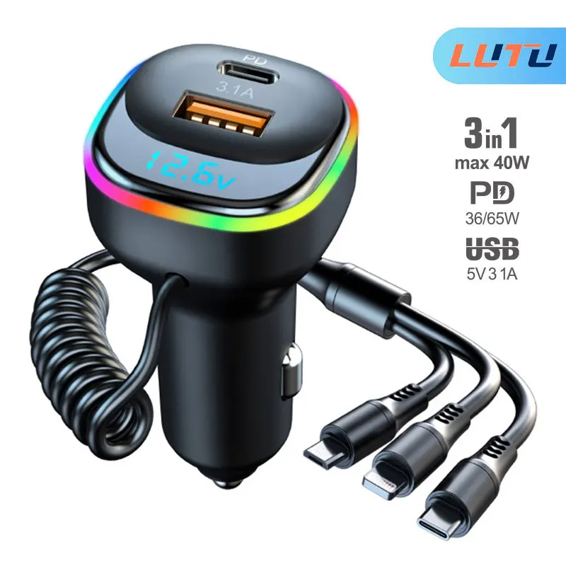 

65W USB Car Charger Quick Charge QC4.0 QC3.0 FCP AFC Type C Car USB Fast Charging 3 in 1 Fast Charging Cable For iPhone Huawei