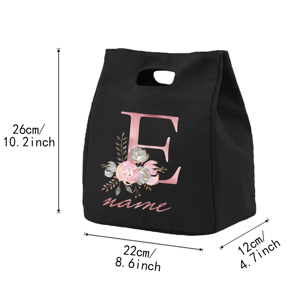Thermal Lunch Box Custom Name 26 Pink Letter Series Black Handbag Lunch Bags for Women Portable Kids Cooler Bag Food Tote Bag