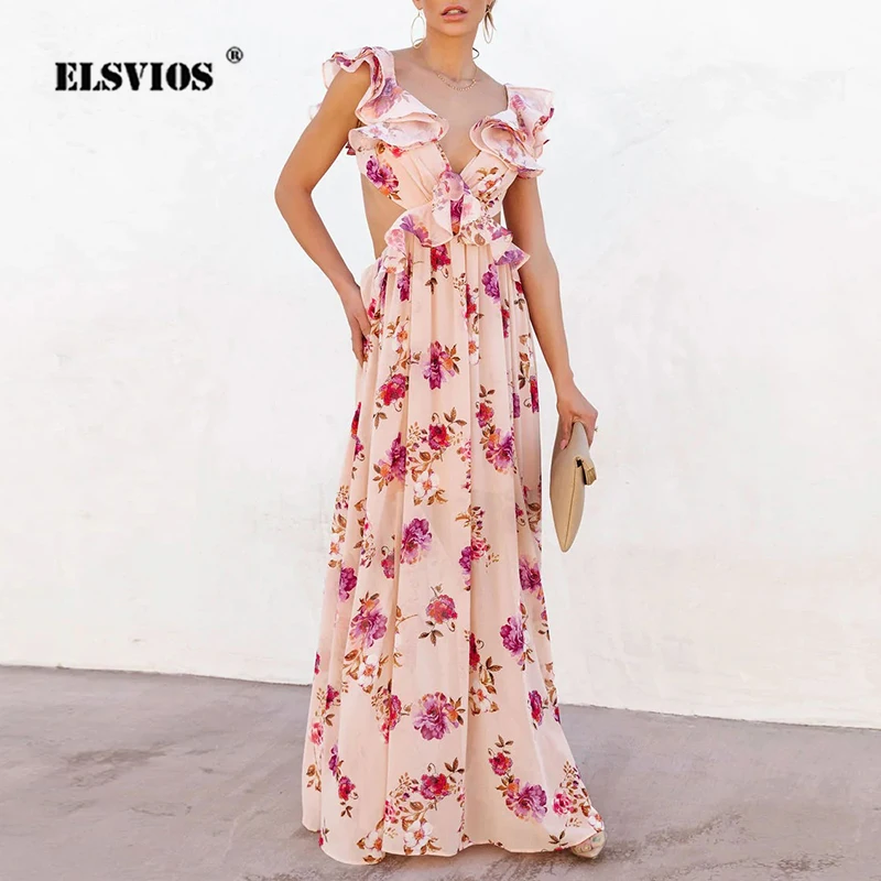 

Лето 2023, модное женское пляжное платье, Новое сексуальное длинное платье без рукавов с V-образным вырезом и открытой спиной, элегантные боге...