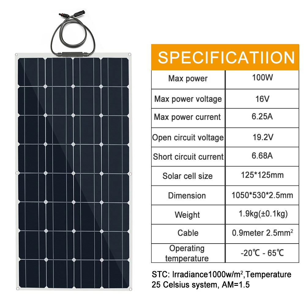 

100 Watt Solar Panel 200w 300w 400w Flexible PET Photatic Monocrystalline Cell 12V 24V Battery Charger 1000w Home Solar Panel