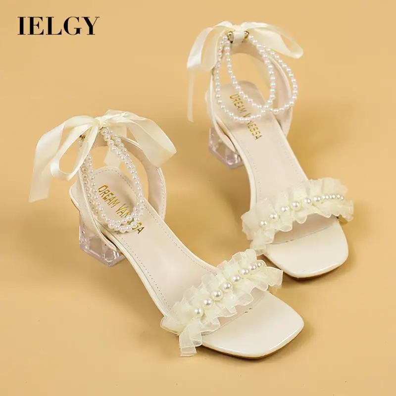 

IELGY women's all-match sandals with lace pearl crystal high heels