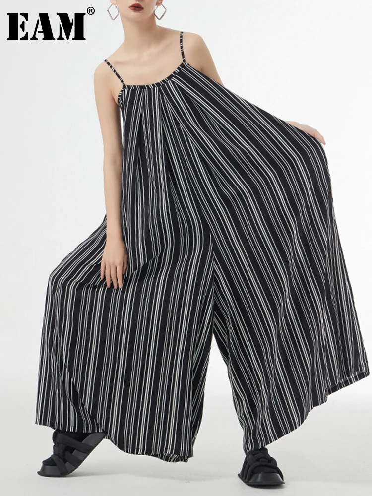 

[EAM] Loose Fit Women Black Printed Long Wide Leg Jumpsuit New High Waist Pocket Stitch Pants Fashion Spring Summer 2023 1DF9750