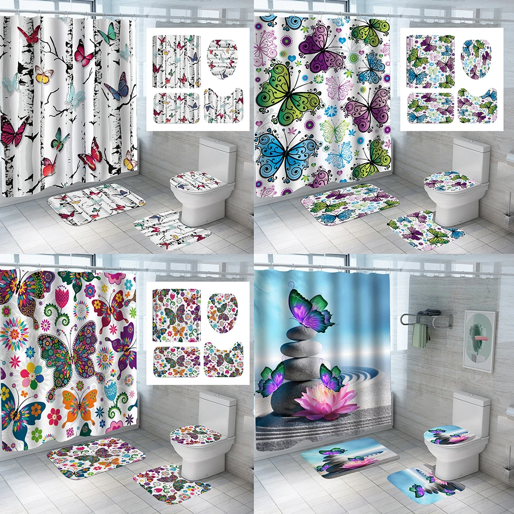 

Watercolor Butterfly Shower Curtain Set Non-Slip Rug Toilet Lid Cover Bath Mat Lotus Stone Forest Tree Fabric Bathroom Curtains