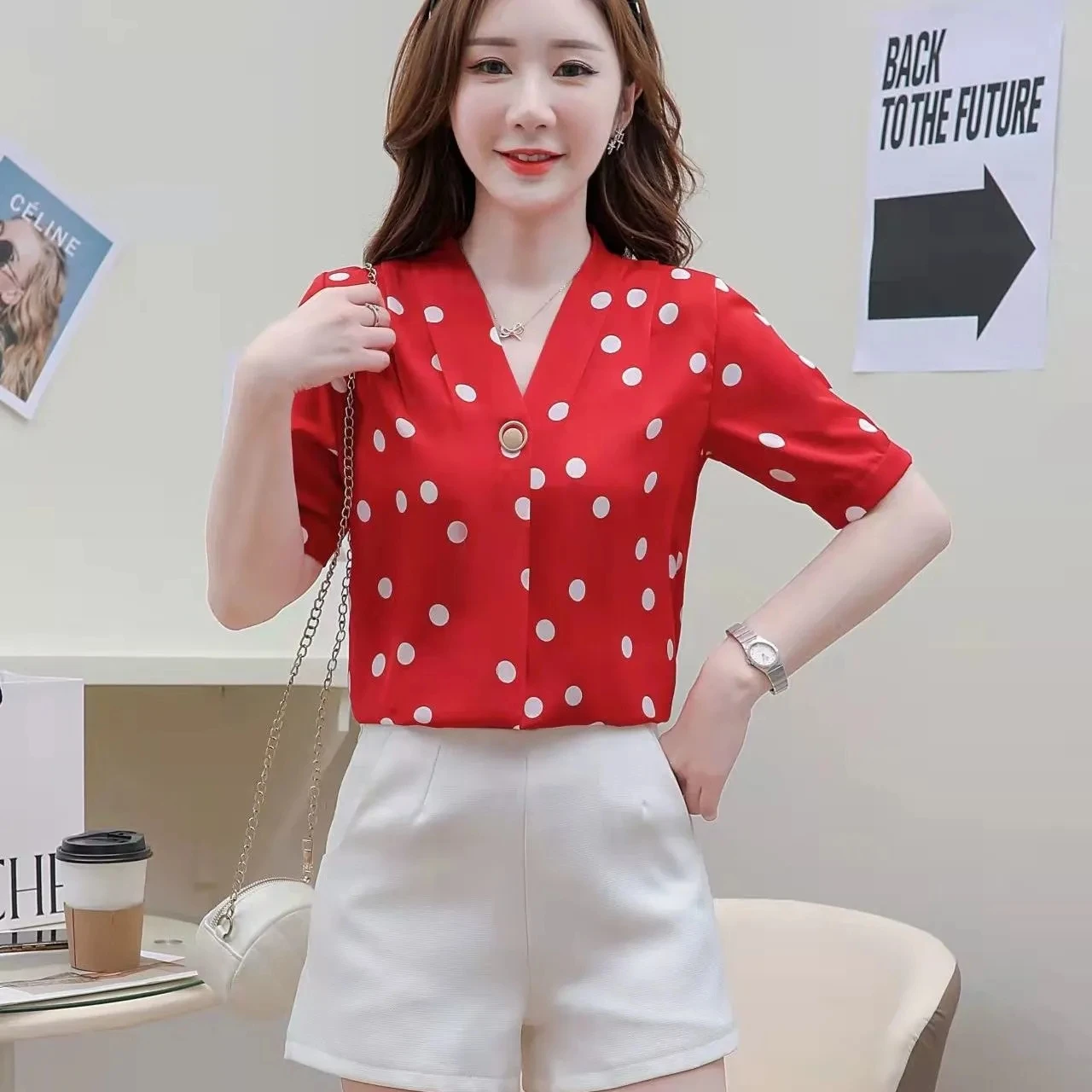 Button V Neck Office Womens Chiffon Blouses Vintage Floral Print Clothing Summer Dot Women Tops Blusas Mujer De Moda Verano images - 6