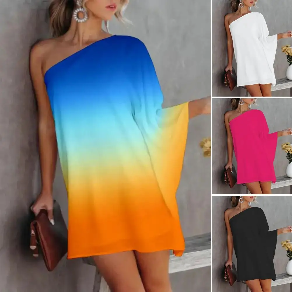 

Comfortable Chic Skew Collar Loose Irregular Dress Skin-touch Mini Dress Gradient Color Streetwear