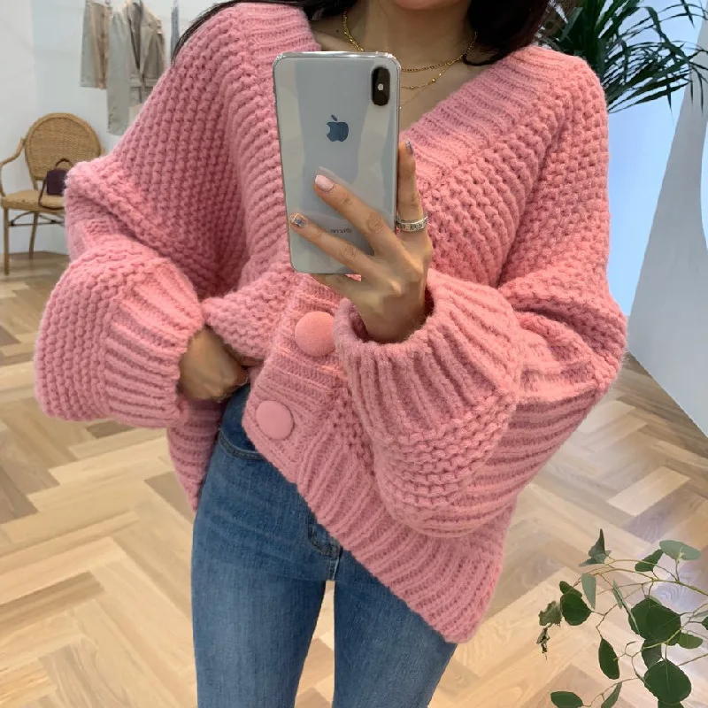 

Autumn and Winter Heavy Needle Lantern Sleeve Knitted Sweater Women's V-neck Knit Long Sleeve Loose Soft Pullover Sweater Coats