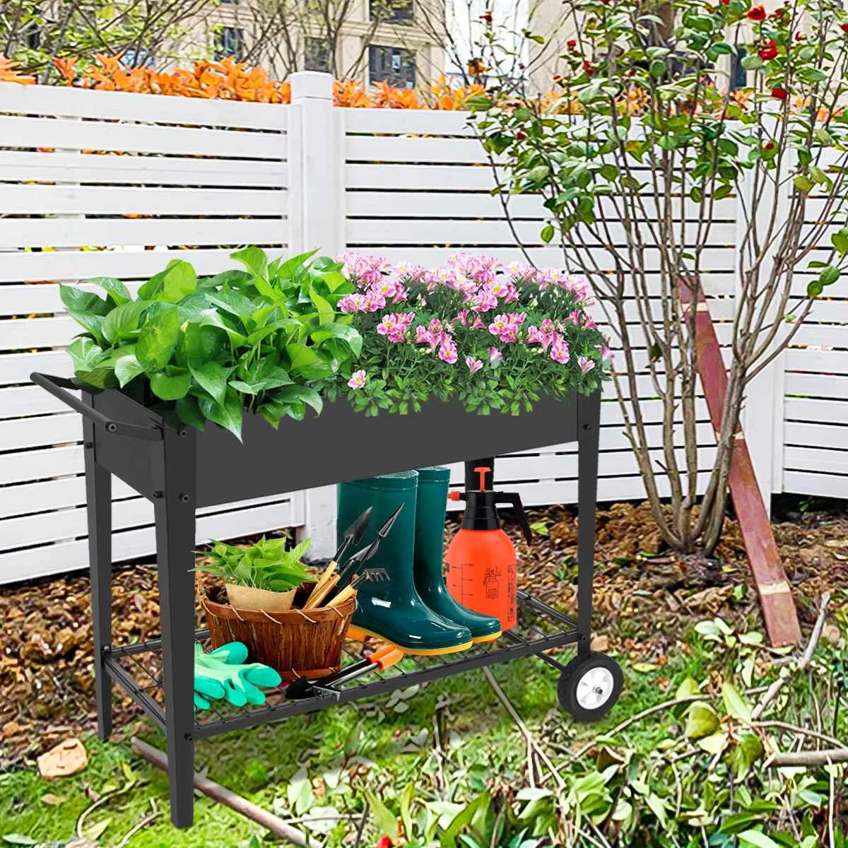 Mobile Raised 2 Tier Garden Bed Herb Yard Above Ground Raised Planter Boxes with 2 Wheel Garden Cart for Vegetables Flower Patio