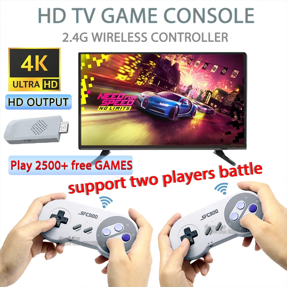 Мини-игровая приставка 4K HD беспроводная ретро-консоль для видеоигр 2500 + игр ТВ два