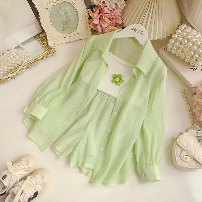 

Infant Baby Girls Outfit Set 2023 New Girls' Three-piece Set Summer New Sunscreen Blouse + Tops + Shorts Set