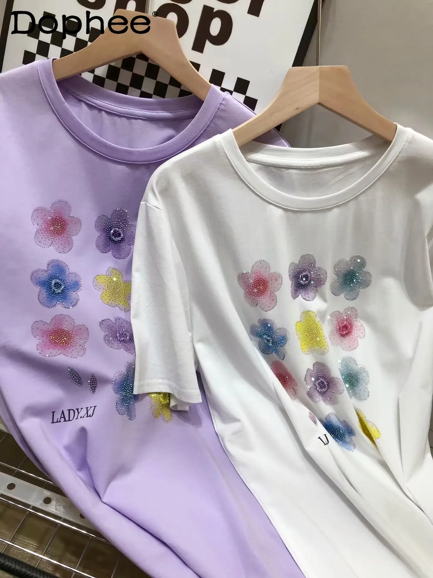 

Flower Rhinestone Beaded Round Neck Short-Sleeve T-shirt Loose All-Match Cotton Tshirt Top Female 2023 New Summer Kawaii Clothes