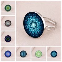 ethnic style kaleidoscope mandala pattern 18mm glass cabochon open ring fashion boys and girls gift jewelry