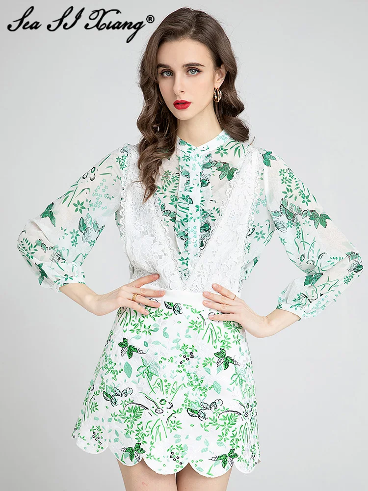 

Seasixiang Fashion Designer Summer Pencil Dress Women Stand Collar Lantern Sleeve Lace Ruffles Flowers Print Vintage Dresses