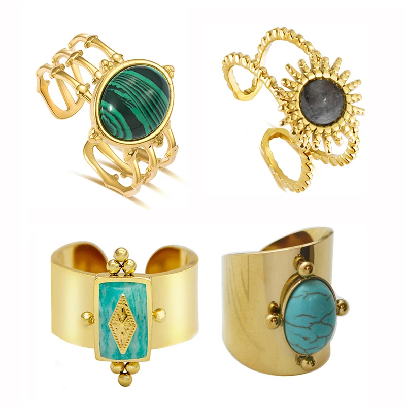 

Elegant Geometric Round Natural Stone with Golden Stainless Steel Rings for Women Vintage Metal Open Ring Wedding Jewelry Gift