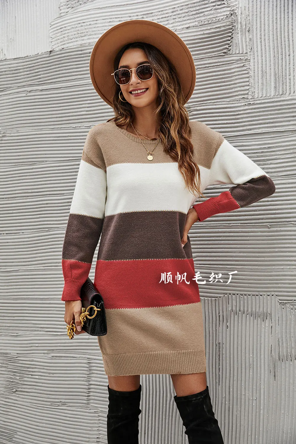 New Arrival Women Clothes Autumn Winter New Color Contrast Round Neck Knitwear Dress Large Long Sweater Women Top