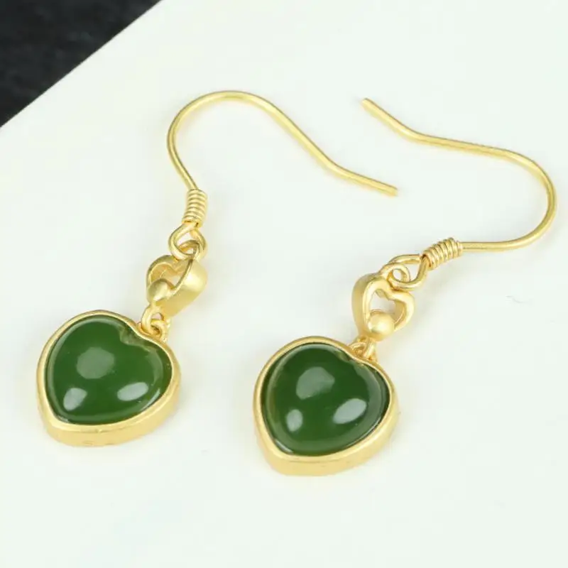

Natural Green Jade Heart Dangle Earrings 925 Sterling Silver Chinese Nephrite Hetian Jades Golden Love Heart Drop Earring Women