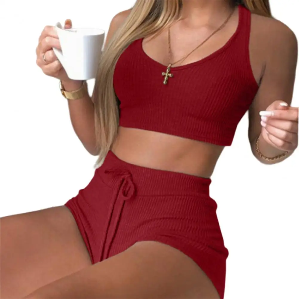 

2 Pcs/Set Summer Swimwear Solid Color Women Bikini Set V Neck Sweet Unpadded Swimming Suit