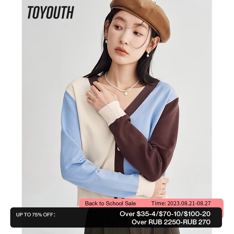 

Toyouth Women Knit Cardigan 2023 Spring Long Sleeves V Neck Loose Sweaters with Button Retro Color Contrast Elegant Chic Tops