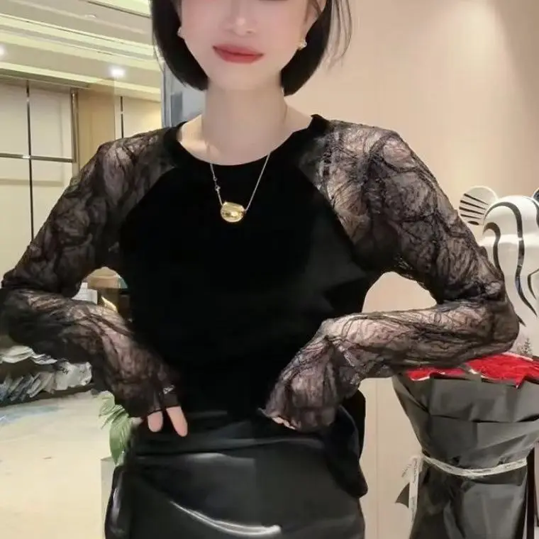 Кружевная Лоскутная бархатная футболка с длинным рукавом Базовая Женская для