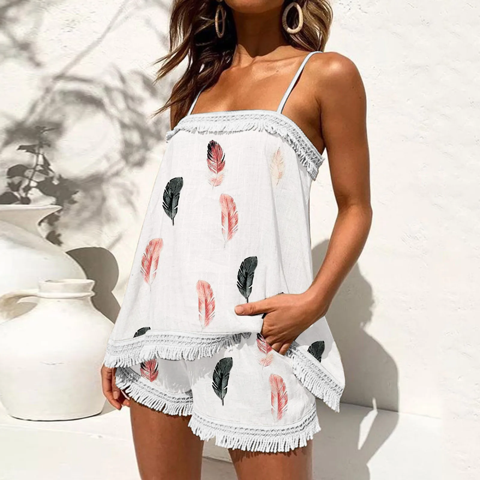 Summer Loose Shorts Outfits Women Sexy Two Piece Boho Sling Tassel Floral Sets Cami Tops And Shorts Beach Sets Holiday Outfits