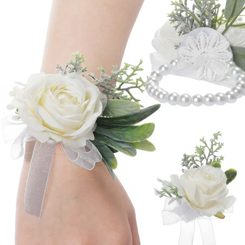 

Wedding Wrist Corsage Ribbon Bracelet Wristband Rose Wristlet White Bridesmaid Bridal Party Anniversary Accessories