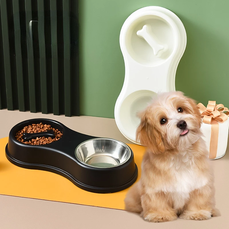 

Double Bowl Feeders Anti-overturning Silicone Anti-choking Bowl Pet Neck Guard Slow Food Stainless Steel Dog Basin Dish Feeder
