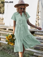 ouslee summer women plaid dresses for women vintage checked plaid turn down collar shirt dress button up party vestidos robe