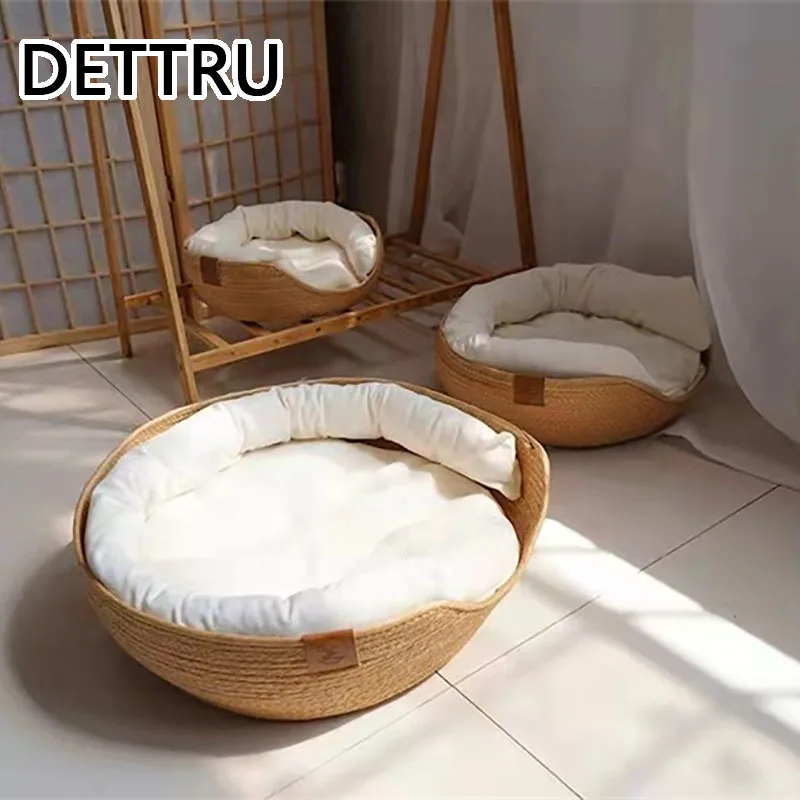 Цена Коврик для кошек, лежанки для собак, бамбуковое плетение, удобные всесезонные корзины, водонепроницаемые съемные подушки, подстилка