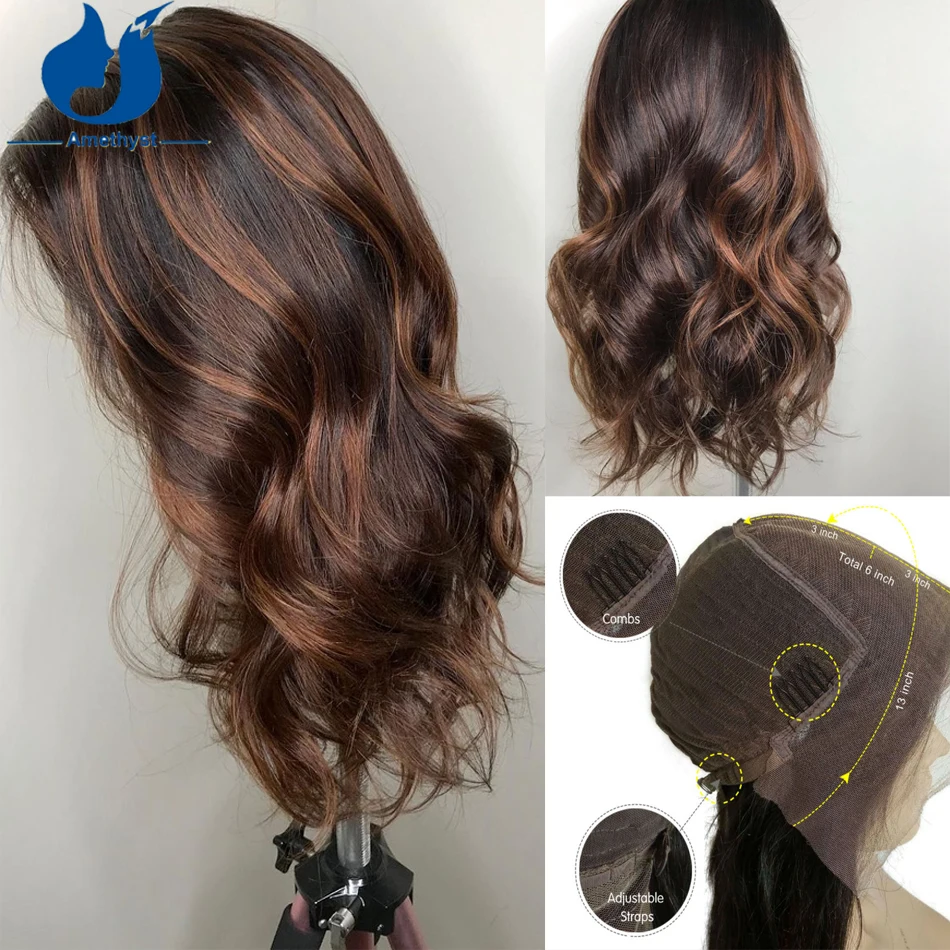 Amethyst 13x6 Dark Brown With Blonde Highlight Lace Front Human Hair Wigs For Women Chocolate Brown Brazilian Glueless Wig Wave