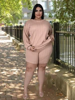 womens knitted suit plus size 2 piece set women cut out top long sleeve top and shorts set casual outfit wholesale dropshipping