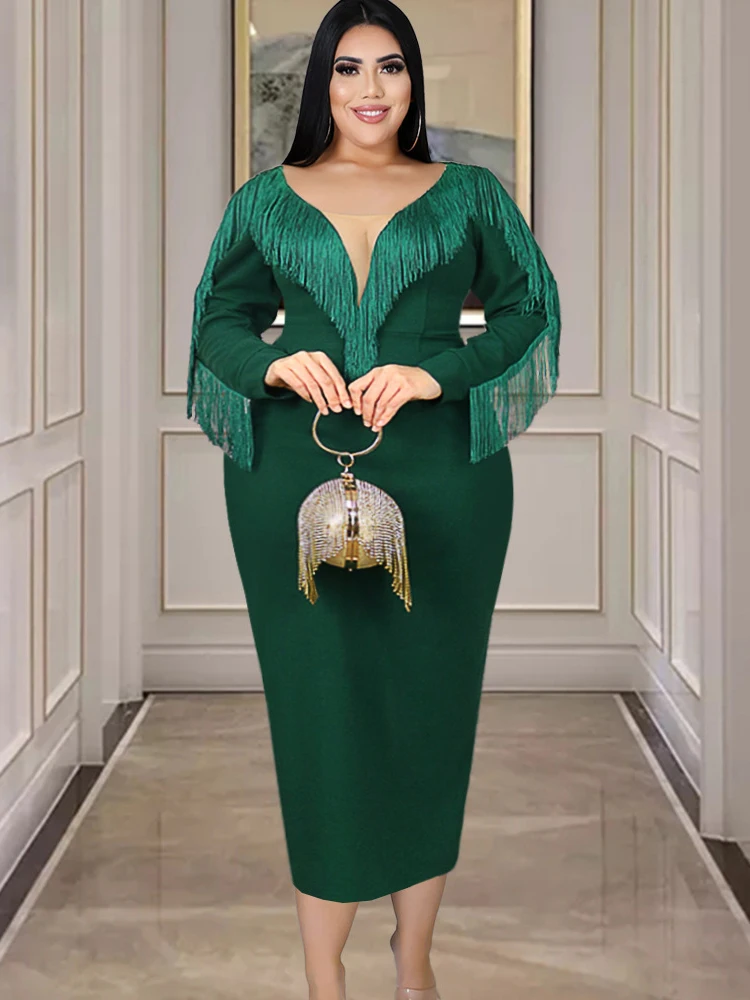 

Elegant Dress Plus Size Midi Dress Fashion Chic Tassel Long Sleeve Evening Party Dress for Women 2022 Summer Green Club Outfits