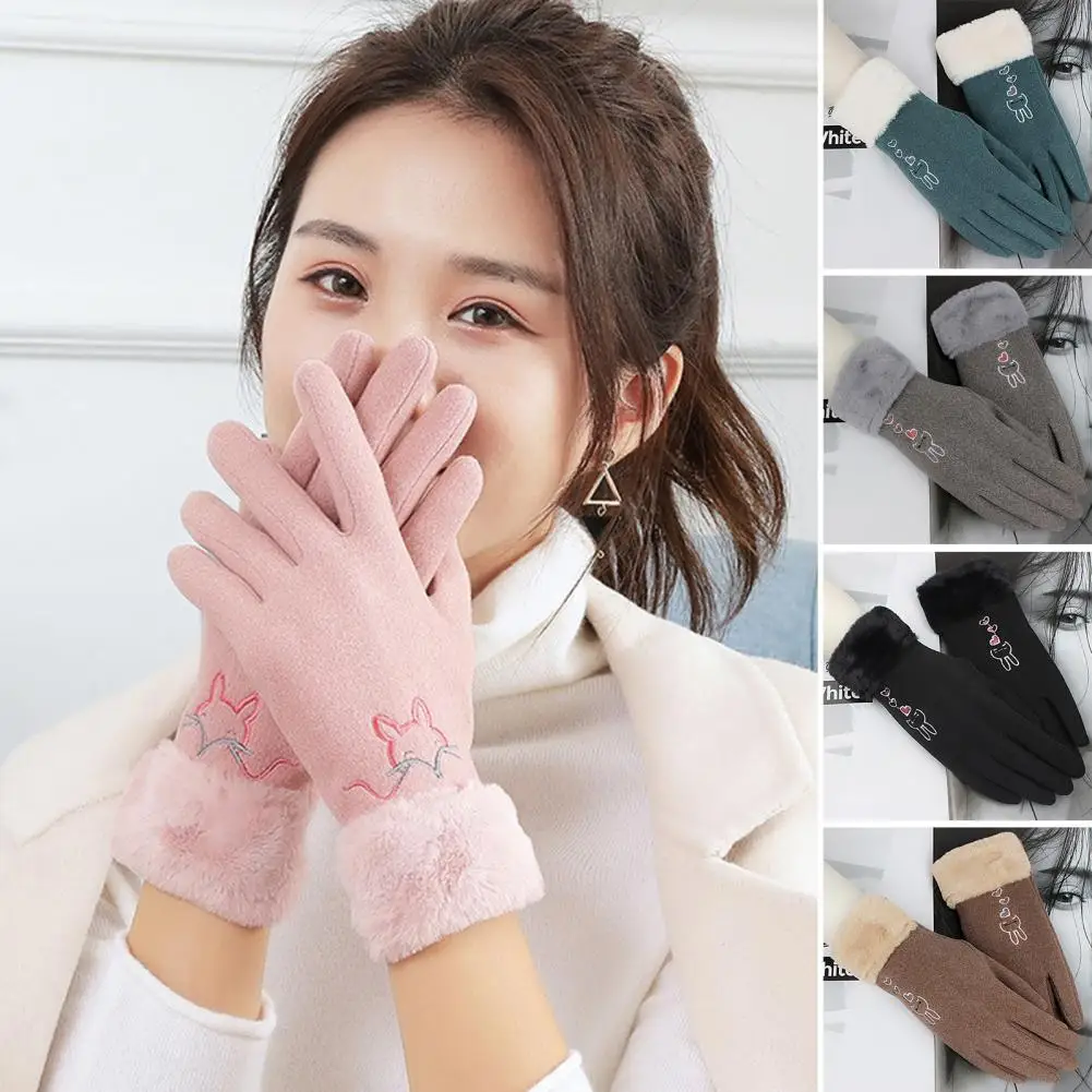 

1 Pair Gloves Korean Style Rabbit Pattern Gloves Women Winter Fluffy Lining Touch Screen Driving Gloves Costume Accessories