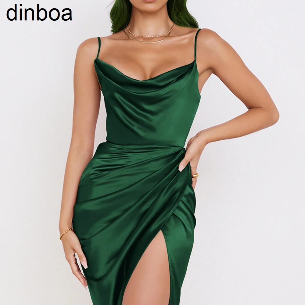 

Dinboa, оптовая продажа, повседневная одежда, летняя женская однотонная Сексуальная атласная плиссированная асимметричная юбка на бретелях, п...