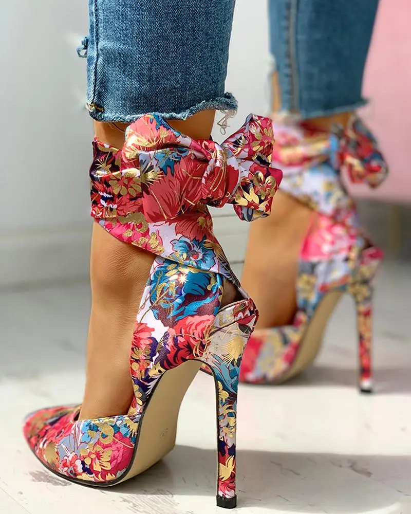 Women Fashion Sandals Pumps Point Toe Party Shoes Sexy Casual Floral Print Tied Ankle Thin Heels