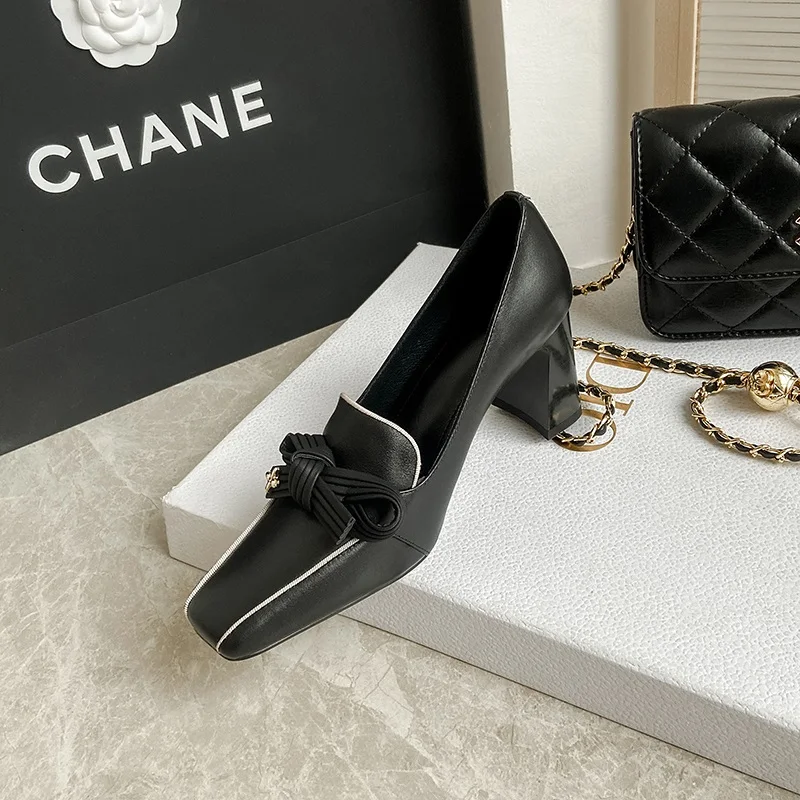 classic women shoes chunky high heel pumps bow tie pointed toe office lady shoes party ladies dress shoes bowtie knot nude pumps