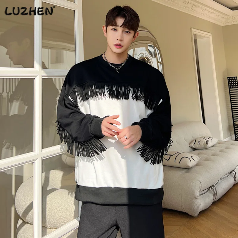 

LUZHEN Korean Fashion Color Contrast Patchwork Tassel Design Men's Casual T-shirts High Street 2023 Sleeve Original Tops E27a98