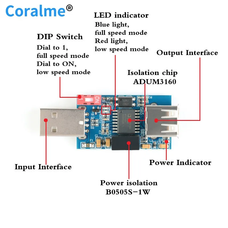 

USB модуль изолятора Защитная плата ADUM3160, одиночная изоляция, модуль USB 2,0, 1500 В, соединение USB с USB-изоляцией