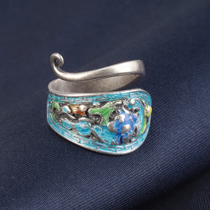 

Кольцо из стерлингового серебра S925 с синим павлином и чернилами