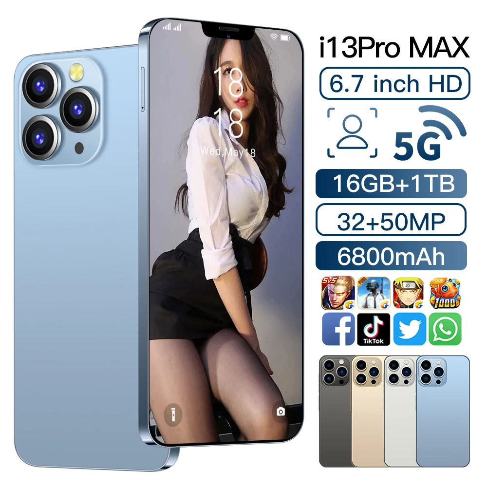 

i13 Pro Max Mobile Phone, Global Version 5G Smartphone, Dual SIM Card Supports TF Card, 6.7 Inch HD+ Screen, 6800 mAh Battery