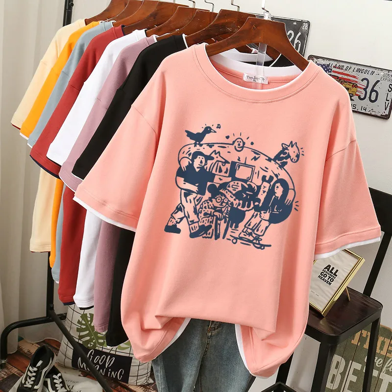 

EBAIHUI Plus Size T Shirt 100% Cotton L-6XL Tshirt Short Sleeve Women Top Summer Patchwork Print Casual O Neck Oversize T Shirts