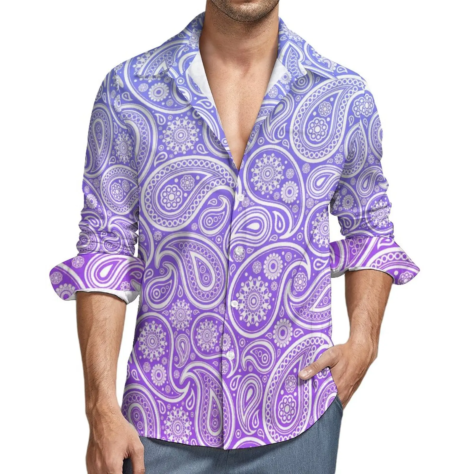 

Vintage Paisley Shirt Male Purple Ombre Casual Shirts Autumn Harajuku Pattern Blouses Long Sleeve Trending Oversize Clothes Gift