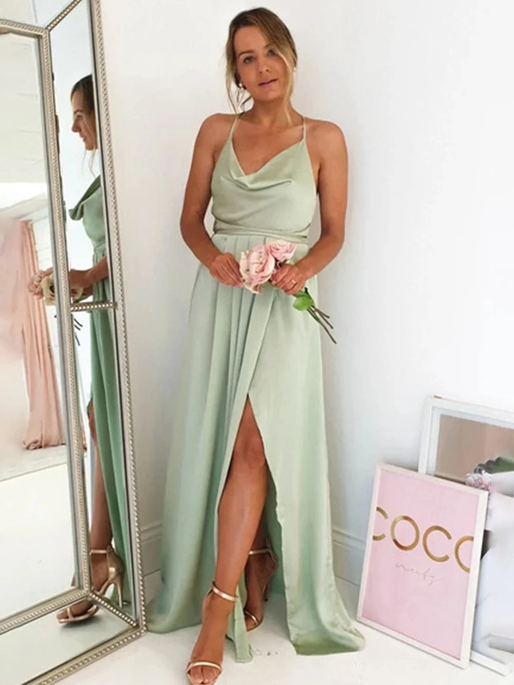 Mint Green Prom Dress Satin Strapless Sexy Evening Dress Robe de soiree Wedding Party Dress Bridesmaid Dress Party Dress
