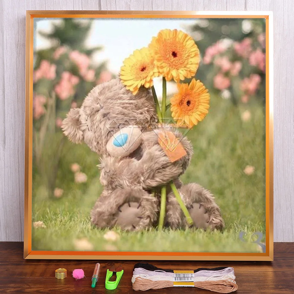 

Cartoon Love Teddy Bear Flower Doll Printed Water-Soluble Canvas 11CT Cross-Stitch Full Kit Embroidery DMC Different