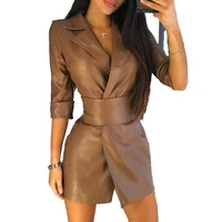 short slimming dresses spring autumn new solid color pu leather suit collar long sleeved ladies dress leather jacket with belt