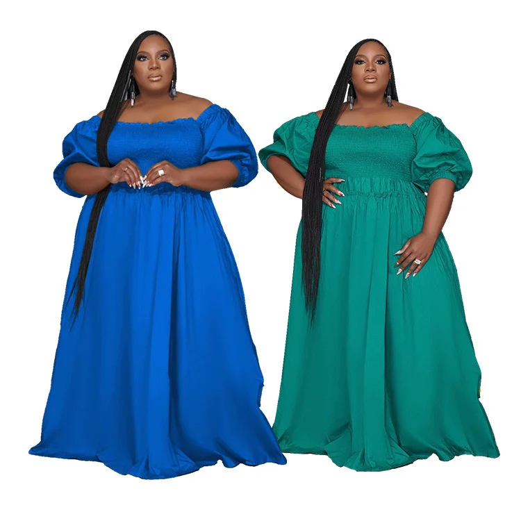 Casual Plus Size Women Dresses Summer Fashion Large Size Square Neck Solid Color Flared Dresses Elegant Lady Ruffle Long Dress