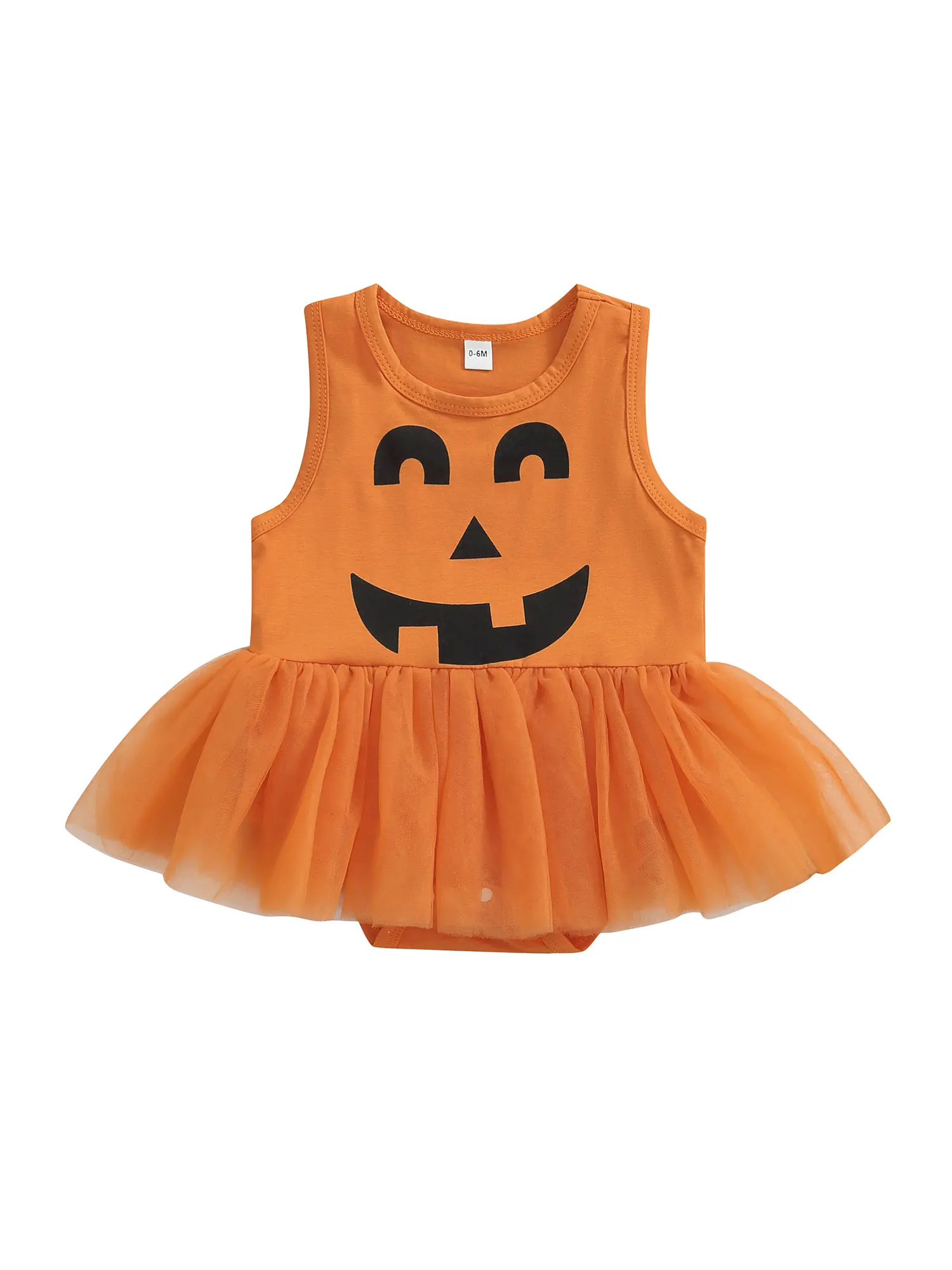 

Little Kids Girls Halloween Sleeveless Bodysuits Cute Pumpkin Grimace Pattern Print Mesh Stitching Dress Sweet Princess Bodysuit
