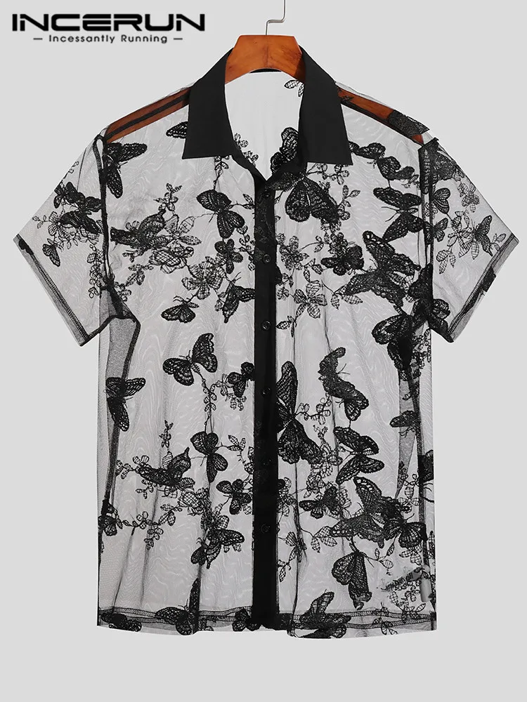 Fashion Casual Style Tops Men Printed See-through Mesh Blouse Handsome Male Hot Sale Short Sleeve Thin Shirts S-5XL INCERUN 2022